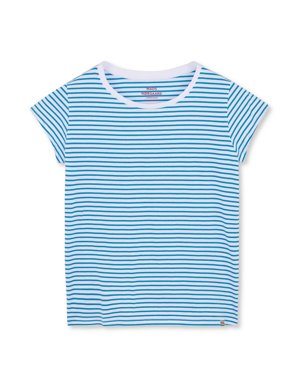 Mads Nørgaard Organic Jersey Stripe Teasy T-shirt Brilliant White/Mediterranian