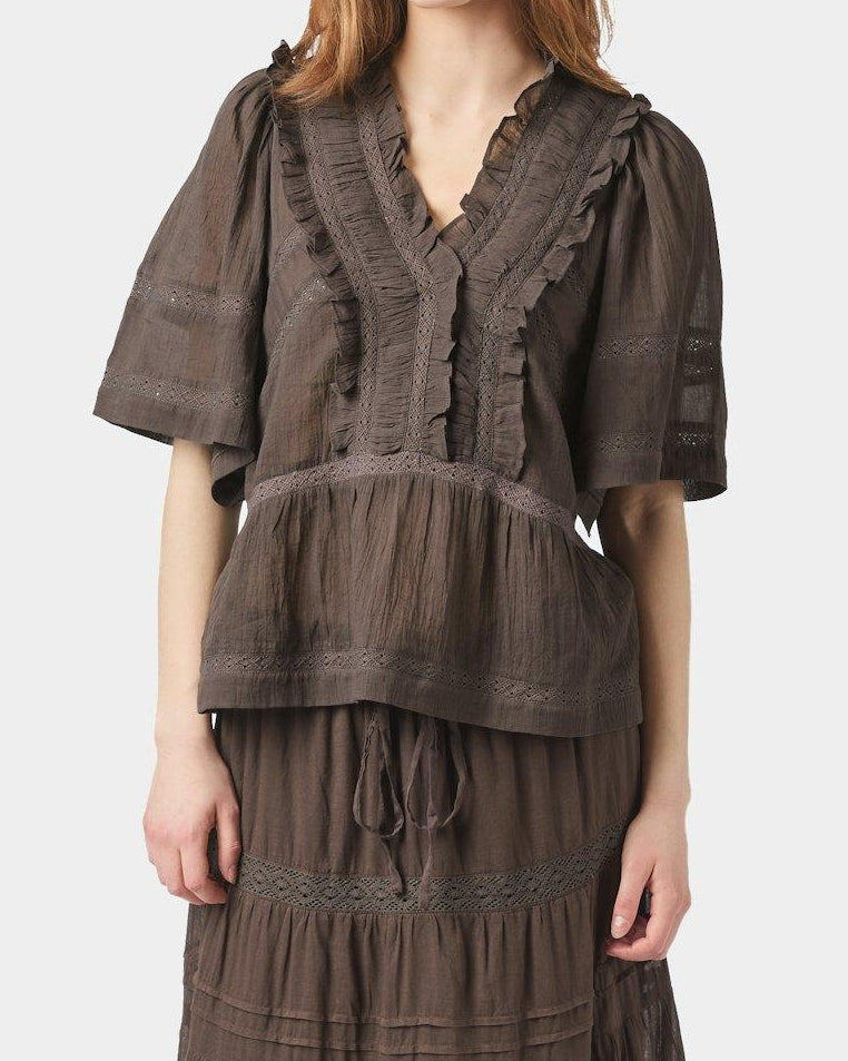 Neo Noir Evienne S Voile Top Dark Brown NOS26, sød brun top