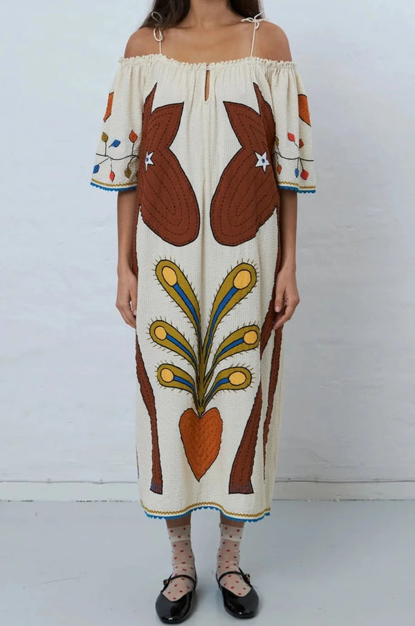 Stella Nova Embroidered Strap Midi Kjole Ivory