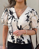 Object Jacira SS V-Neck Top Sandshell/Black Simple Flower NOS26