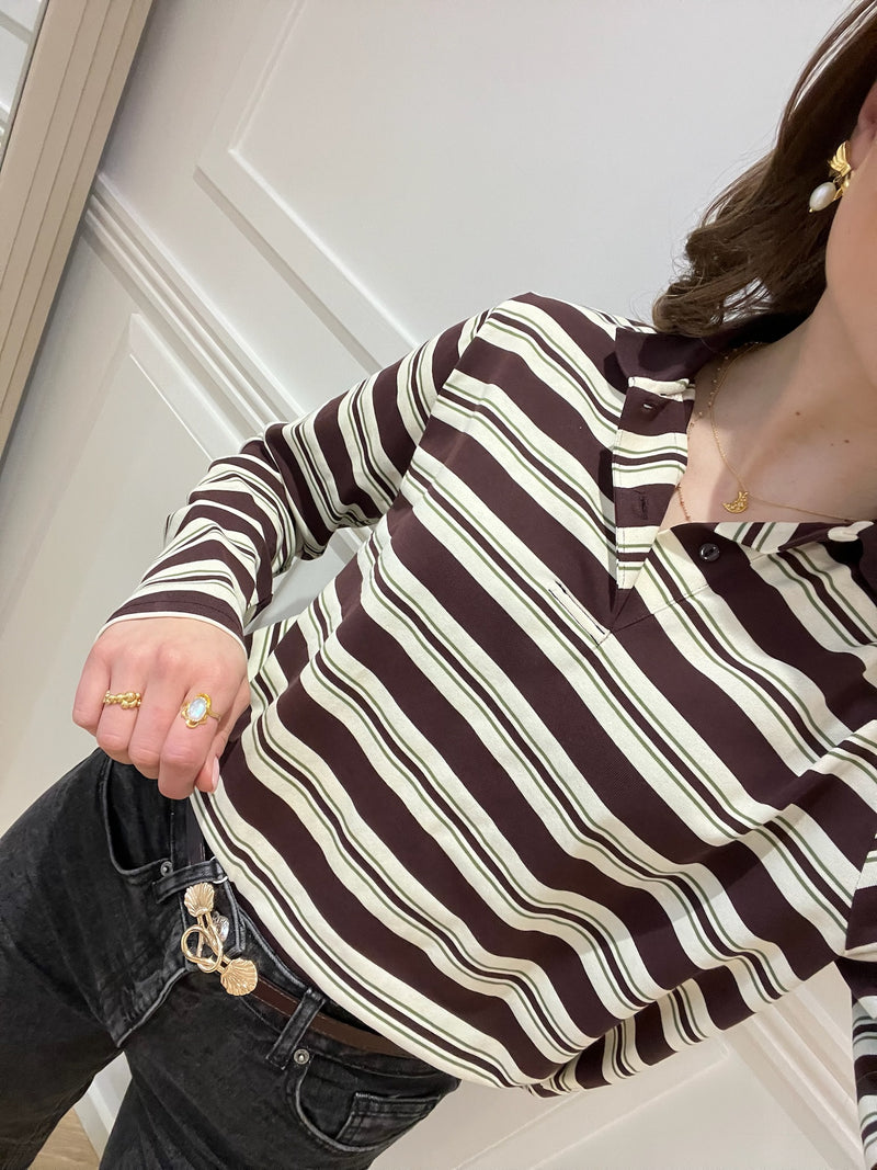 Neo Noir Mala Stripe Polo Bluse Brown