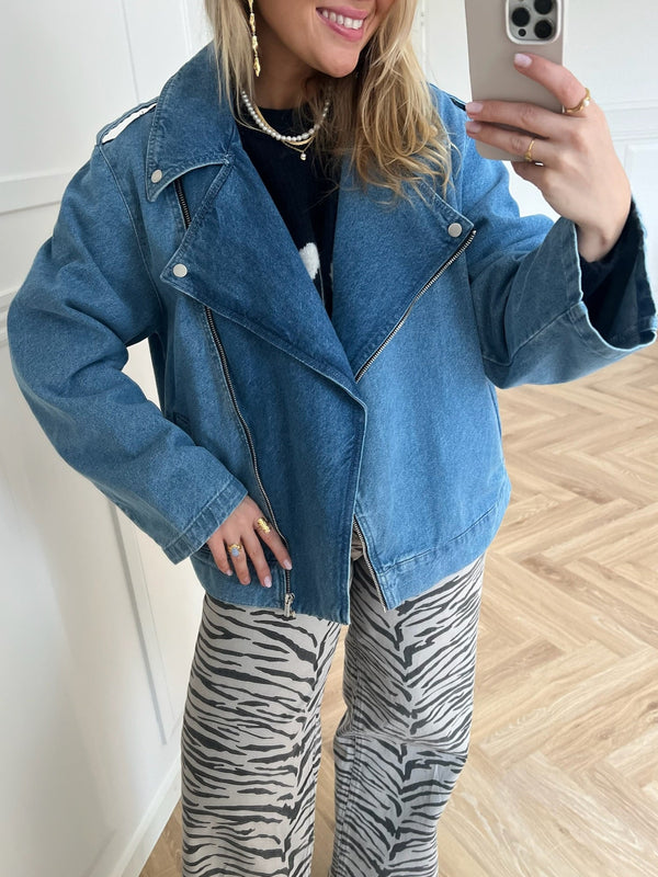 Only Johanna Oversized Biker Denim Jakke Light Blue Denim