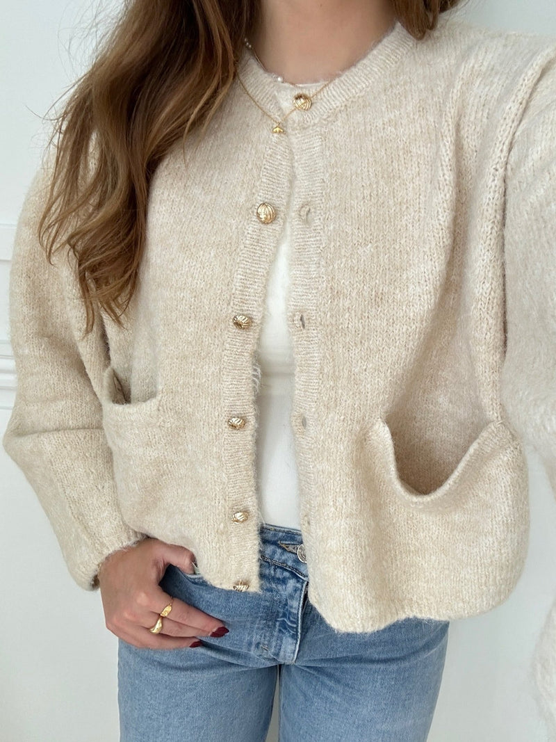 Object Saggia L/S Knit Cardigan White Sand Melange