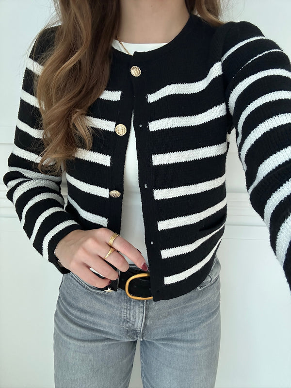 Only Laura Life LS O-Neck Cardigan Black Stripes/Cloud Dancer