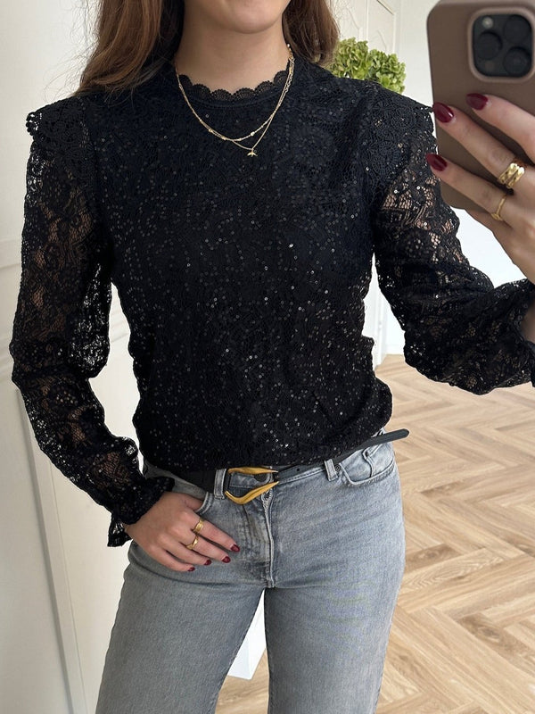 Pieces Olline LS Lace Sequins Bluse Black