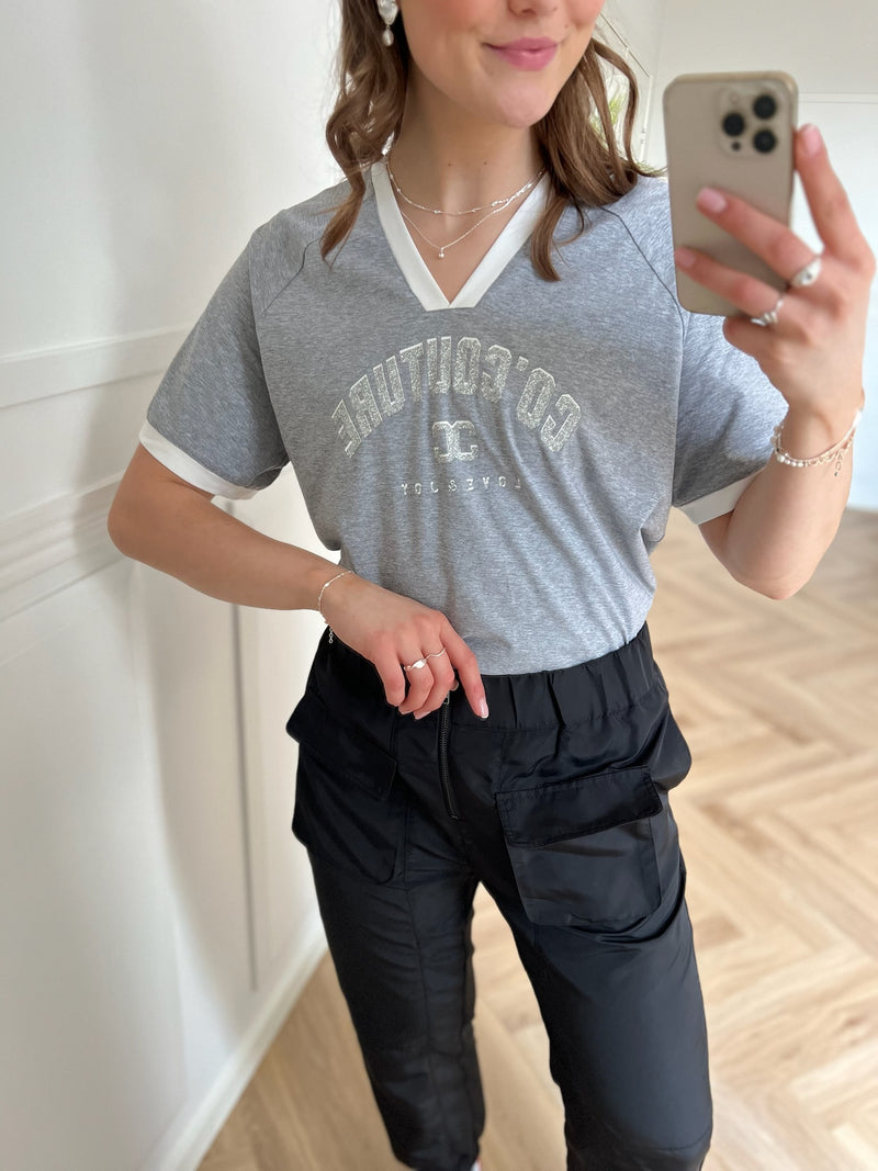 Co'Couture Siara Oversize Sporty V T-shirt Grey Melange/Off White