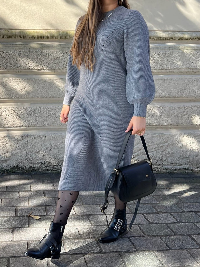 Object Ditte LS Knit Midi Kjole Medium Grey Melange