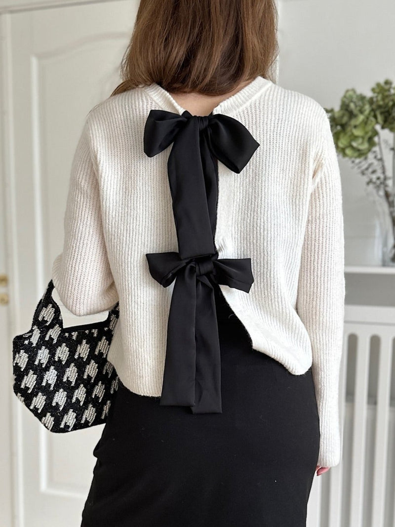 Object Parvi Sateen Bow Strikcardigan White Sand/Black Bows