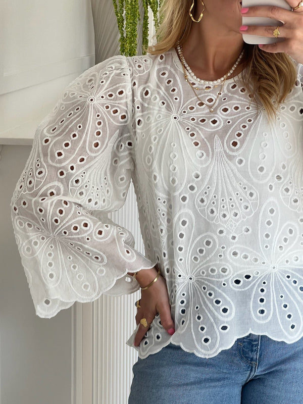 Stella Nova Crisp Delicate Embroidered Cotton Bluse White