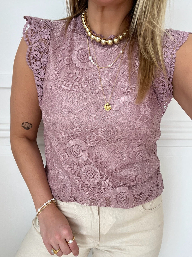 Pieces Olline SL Lace Top Woodrose