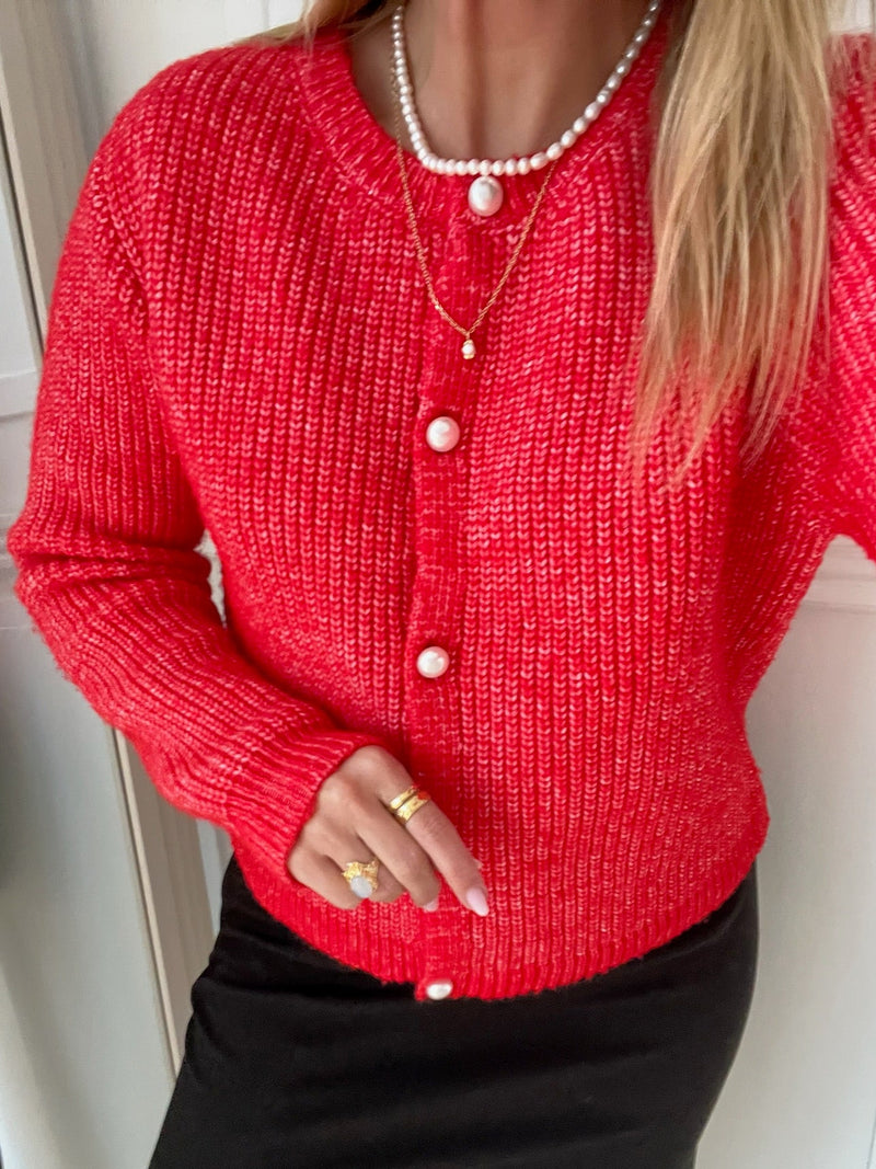 Pieces Jyda LS Pearl Strikcardigan High Risk Red