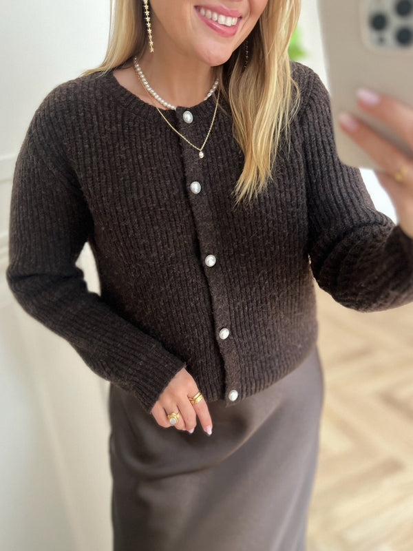 Pieces Jyda LS Pearl Strikcardigan Chicory Coffee