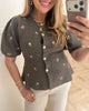 Pieces Silly SS Puff Emb Knit Cardigan Morel/Pink Flowers