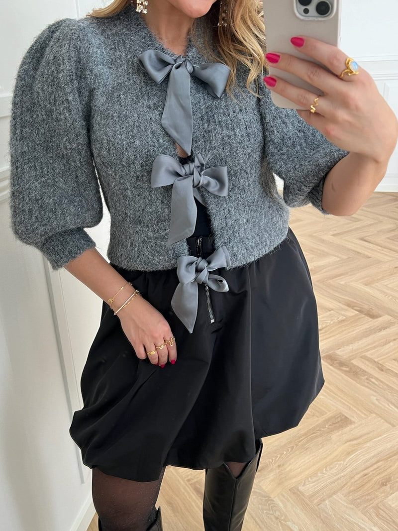 Co'Couture Coralie Bow Rib Cardigan Grey Melange