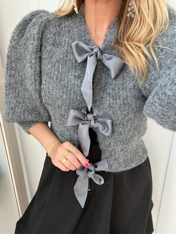 Co'Couture Coralie Bow Rib Cardigan Grey Melange