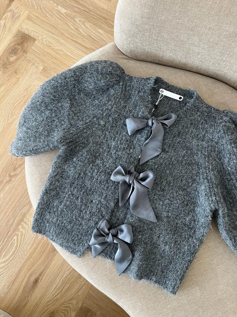 Co'Couture Coralie Bow Rib Cardigan Grey Melange