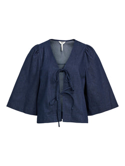 Object June Denim 2/4 Tie Bluse Dark Blue Denim