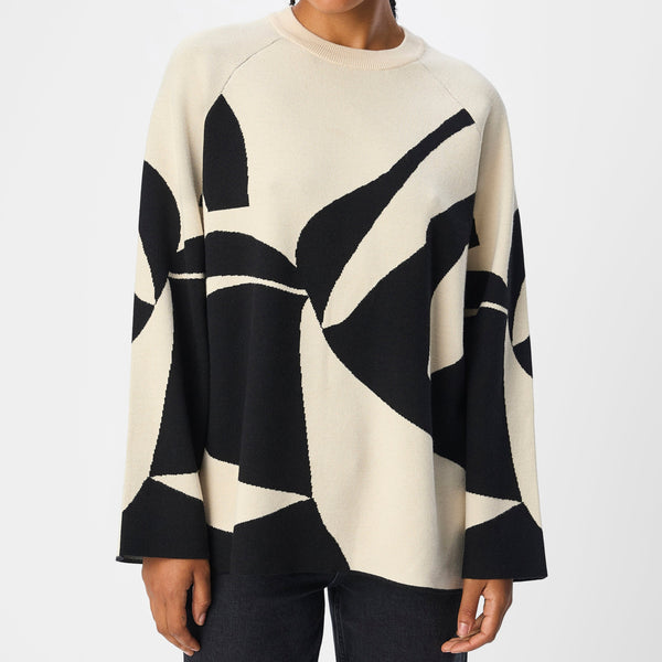 Object Sif LS Knit Pullover Sandshell/Black Graphic