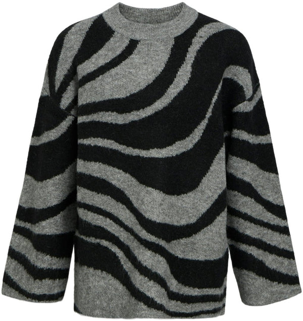 Object Diana LS Knit Bluse Medium Grey Melange/Zebra Black