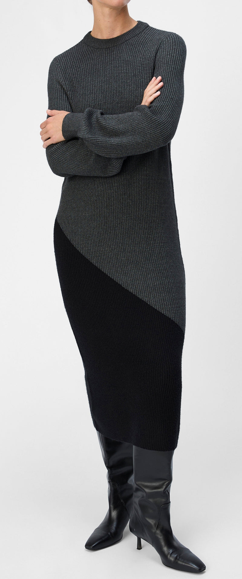 Object Ditte LS Knit Midi Kjole Dark Grey Melange