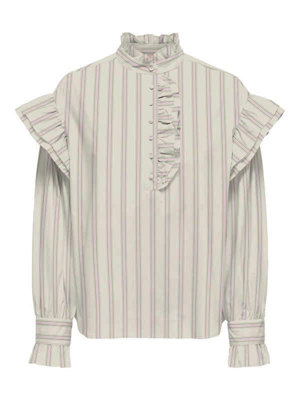 Only Malou LS Frill Stripe Skjorte Bone White / Pink Lady