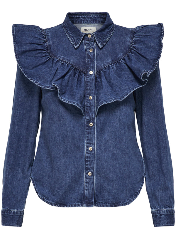 Only Indigo LS Frill Denim Skjorte Dark Blue Denim