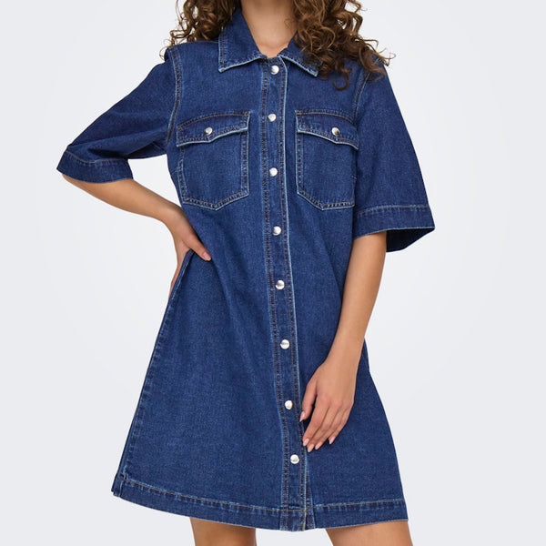 Only Belle SS Button Kjole Dark Blue Denim