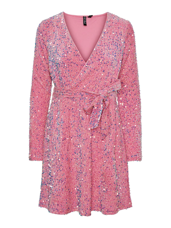 Pieces Ella LS Sequins Wrap Kjole Hot Pink Sequins