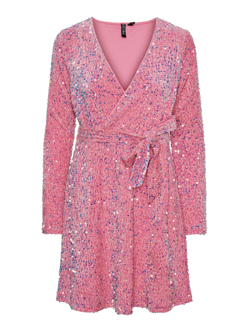 Pieces Ella LS Sequins Wrap Kjole Hot Pink Sequins