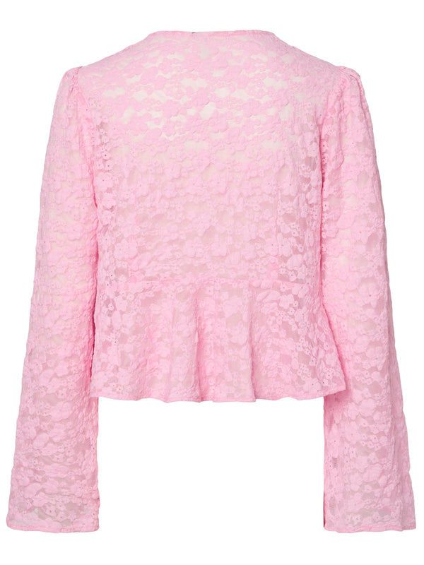 Pieces Fiora LS V-Neck Lace Top Fuchsia Pink