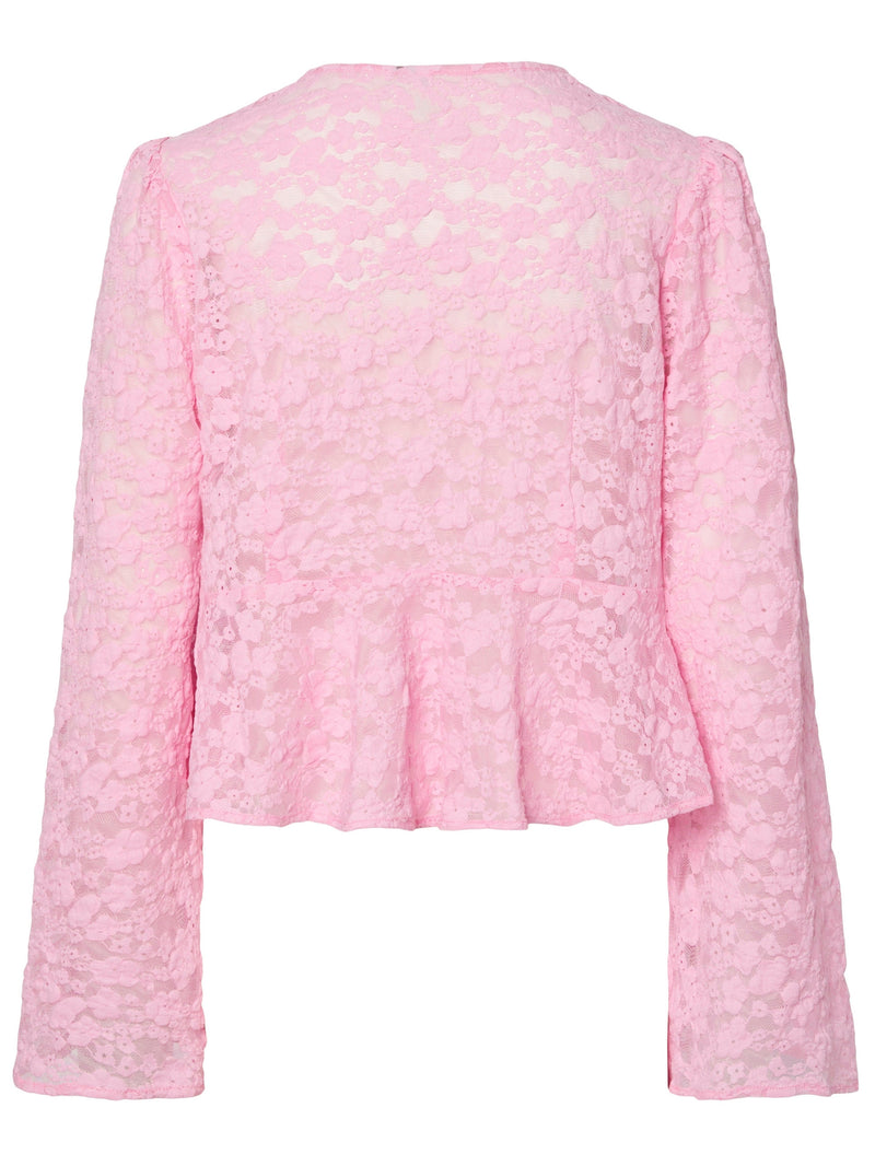 Pieces Fiora LS V-Neck Lace Top Fuchsia Pink