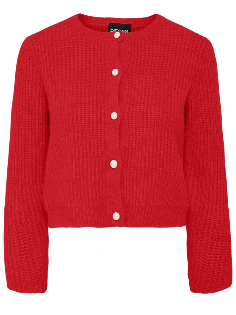 Pieces Jyda LS Pearl Strikcardigan High Risk Red