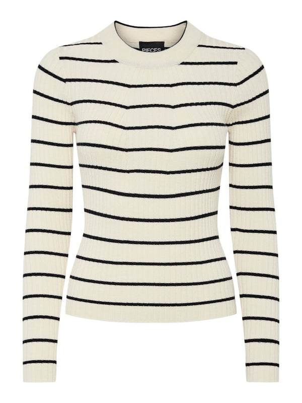 Pieces Crista LS O-Neck Strik Birch/Black Stripes