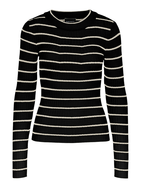 Pieces Crista LS O-Neck Strik Black/Birch Stripes