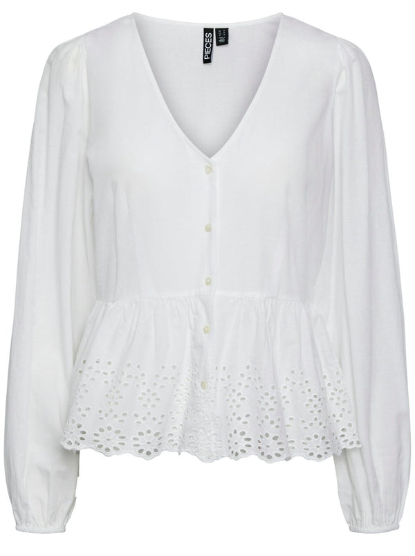 Pieces Malika LS V-Neck Bluse Bright White