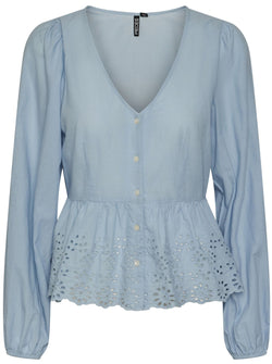 Pieces Malika LS V-Neck Bluse Blue Bell