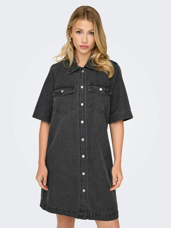 Only Belle S/S Button Denim Kjole Washed Black