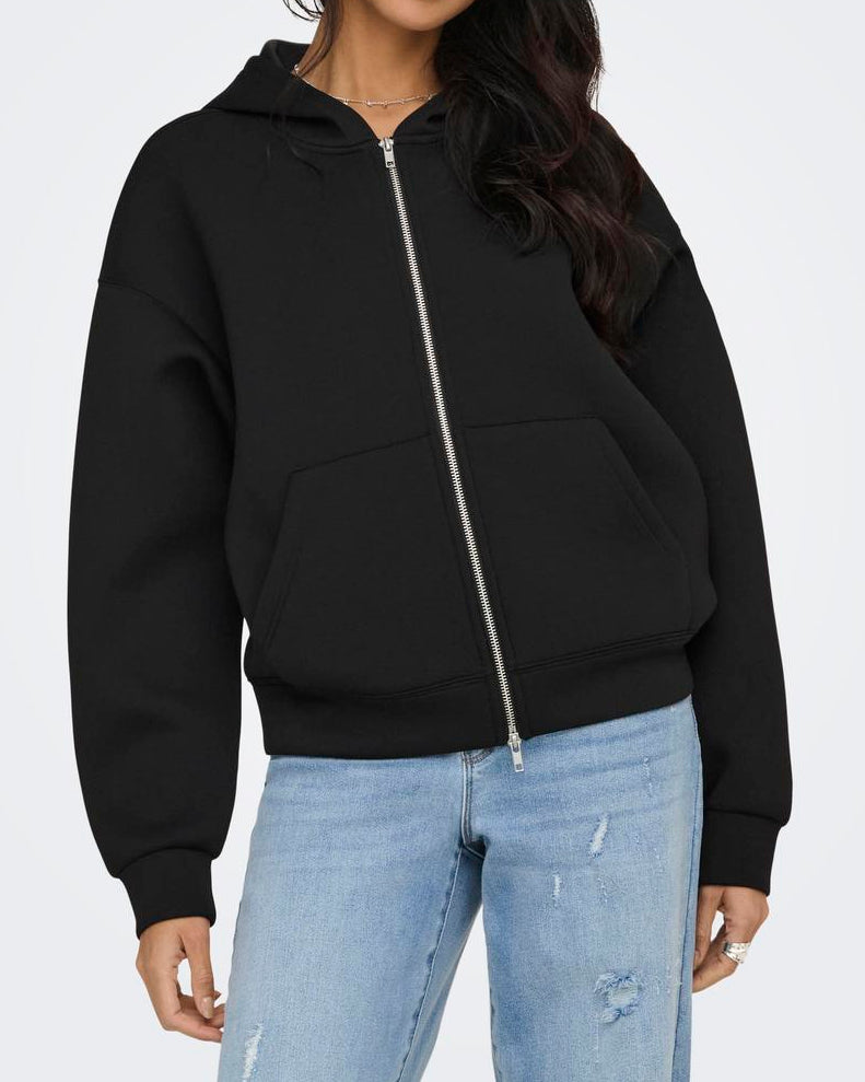 Only Naomi LS Two Way Zip Hoodie Black, sort zip hoodie
