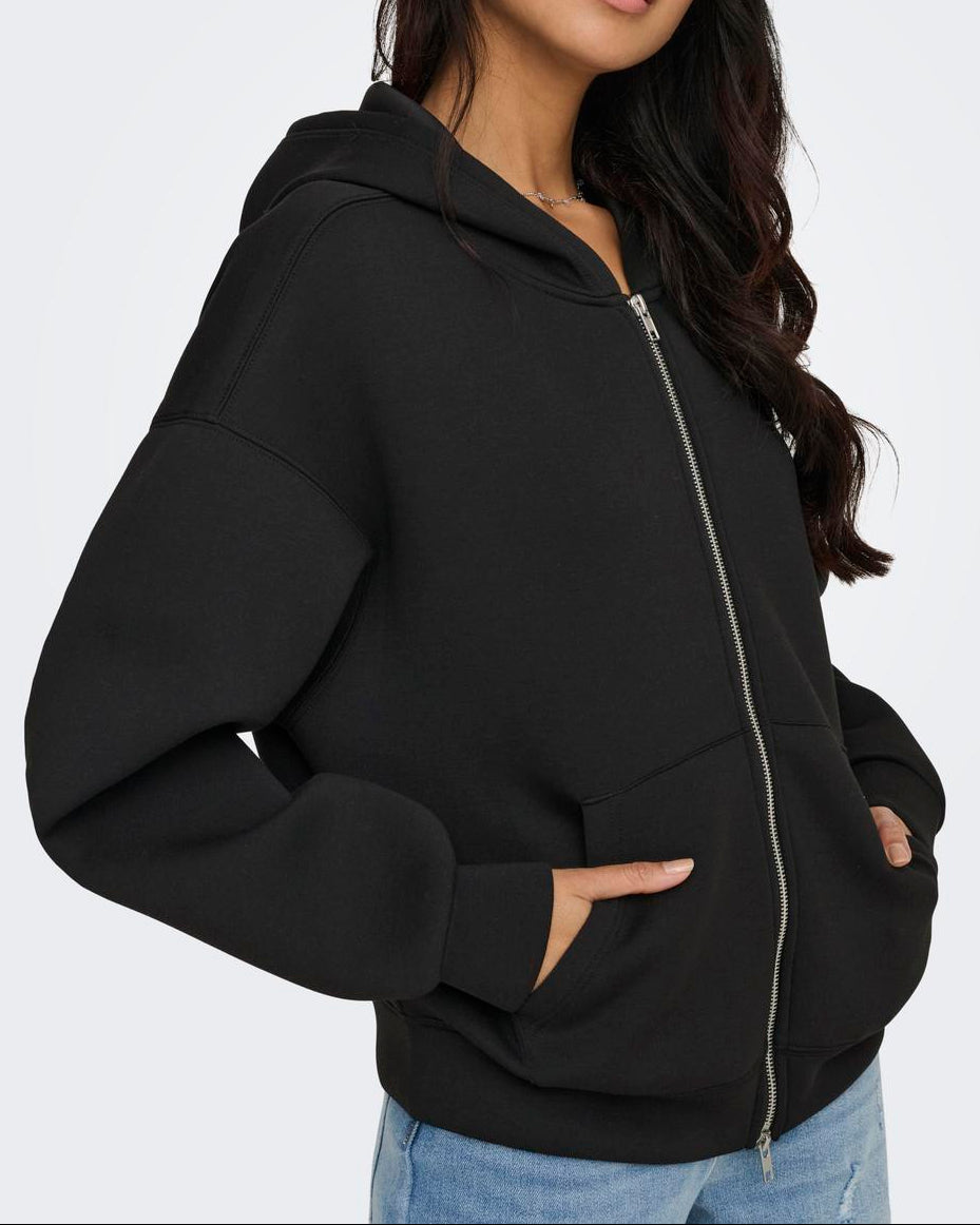 Only Naomi LS Two Way Zip Hoodie Black, sort zip hoodie