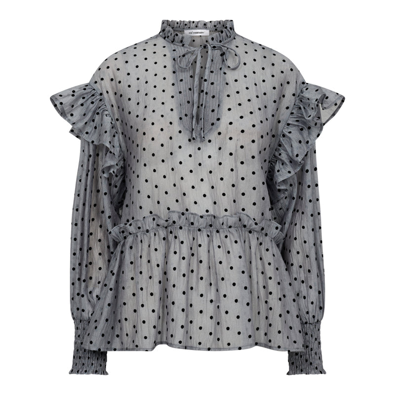 Co'Couture Katinka Dot V-Frill Bluse Light Grey