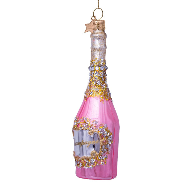 Vondels Glas Ornament Champagne Bottle Pink/Gold