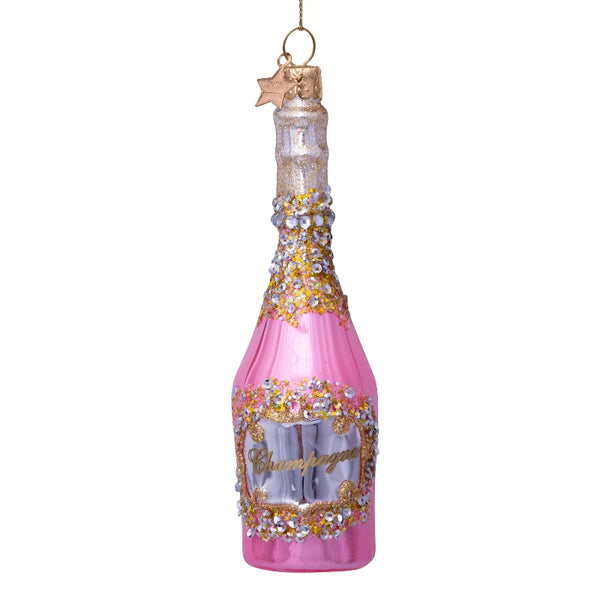 Vondels Glas Ornament Champagne Bottle Pink/Gold