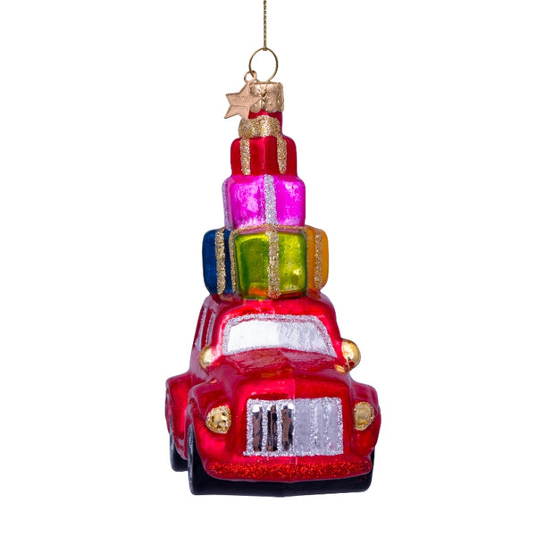 Vondels Glas Ornament Car W/ Present On Top Red
