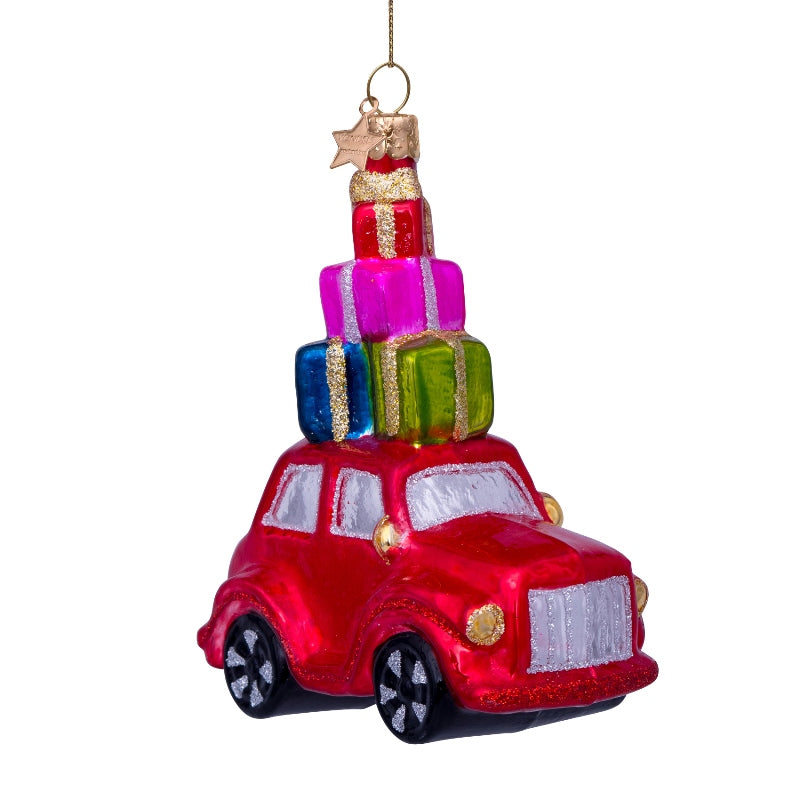 Vondels Glas Ornament Car W/ Present On Top Red