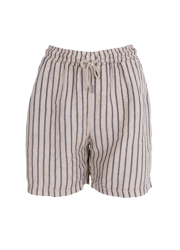 Black Colour Melina Linen Shorts Beige Stripe